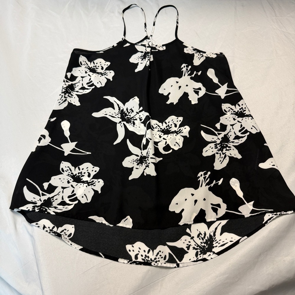 Banana Republic Flowy Semi Sheer Blk White Floral Print Halter Neck Tank Top XS